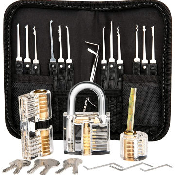 High Quality 12pcs Black Locksmith Tools Lock Pick Set With Transparent Practice Lock Lock Picking Tools